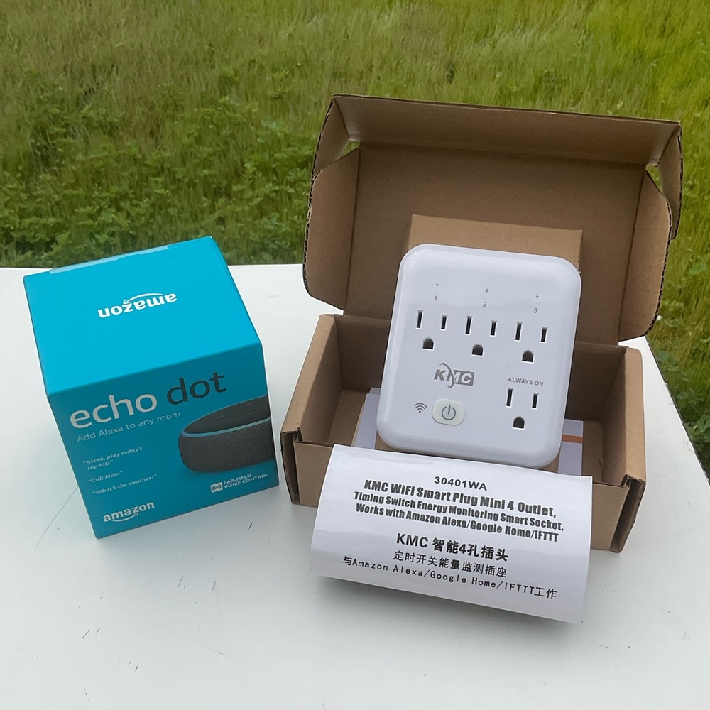 “New”. Factory Sealed. Echo Dot “Alexa” (3rd Gen) W/New KMC 4-Outlet Smart Plug.